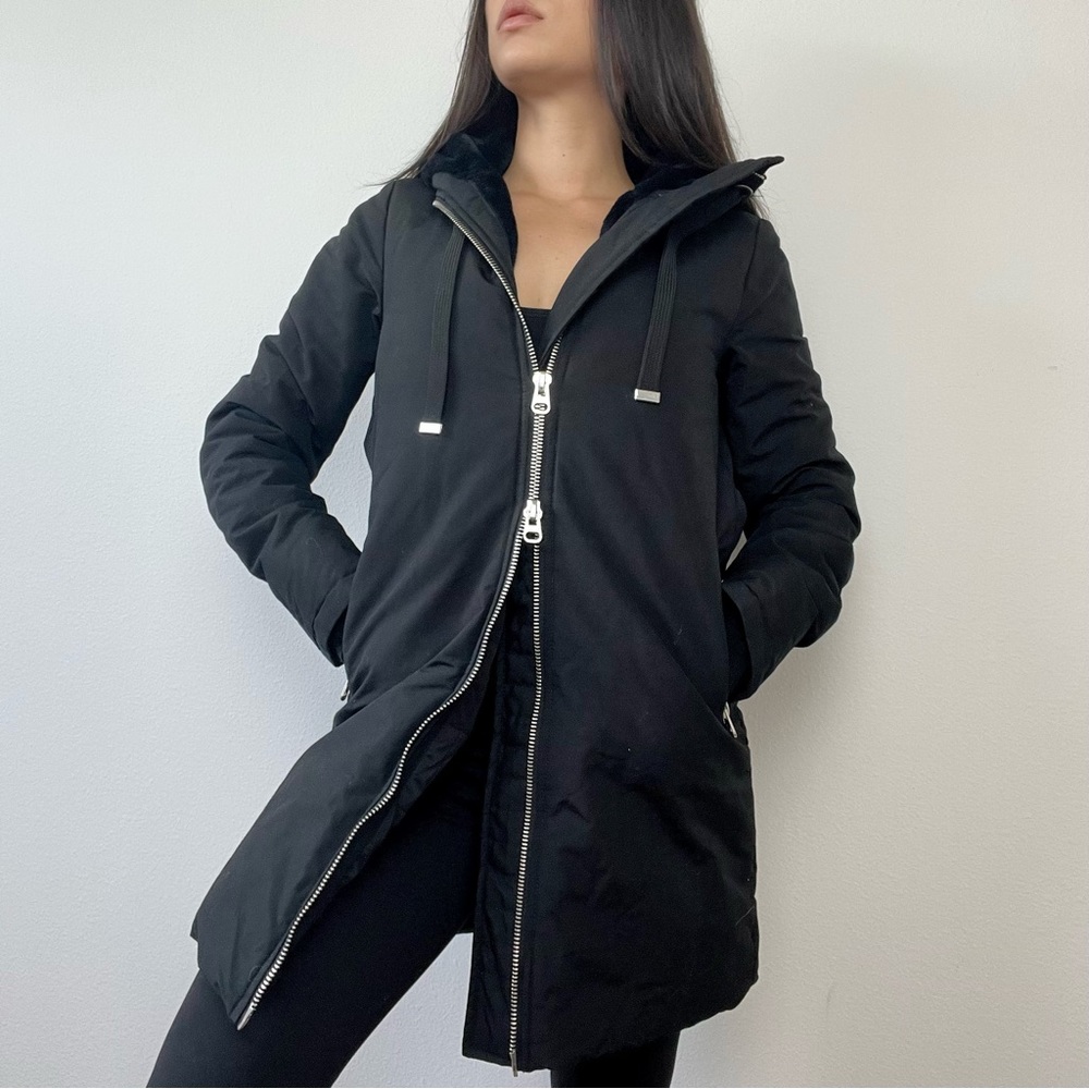 Black Zara down jacket puffer coat with fur lined hood